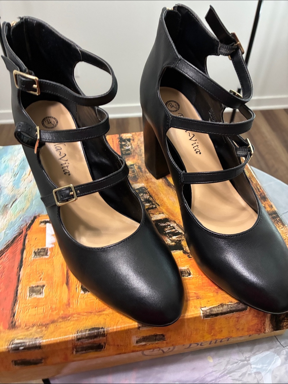 Bella Vita Black Multi-Strap Block Heel Pumps